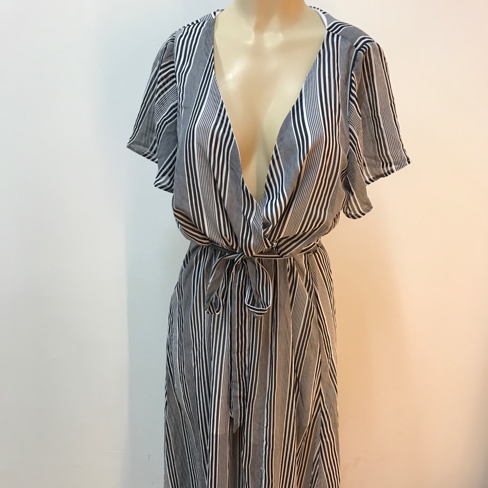 ‼️ Stripe Chiffon Maxi Waist Tie Belt Dress V Cut - Picture 6 of 8